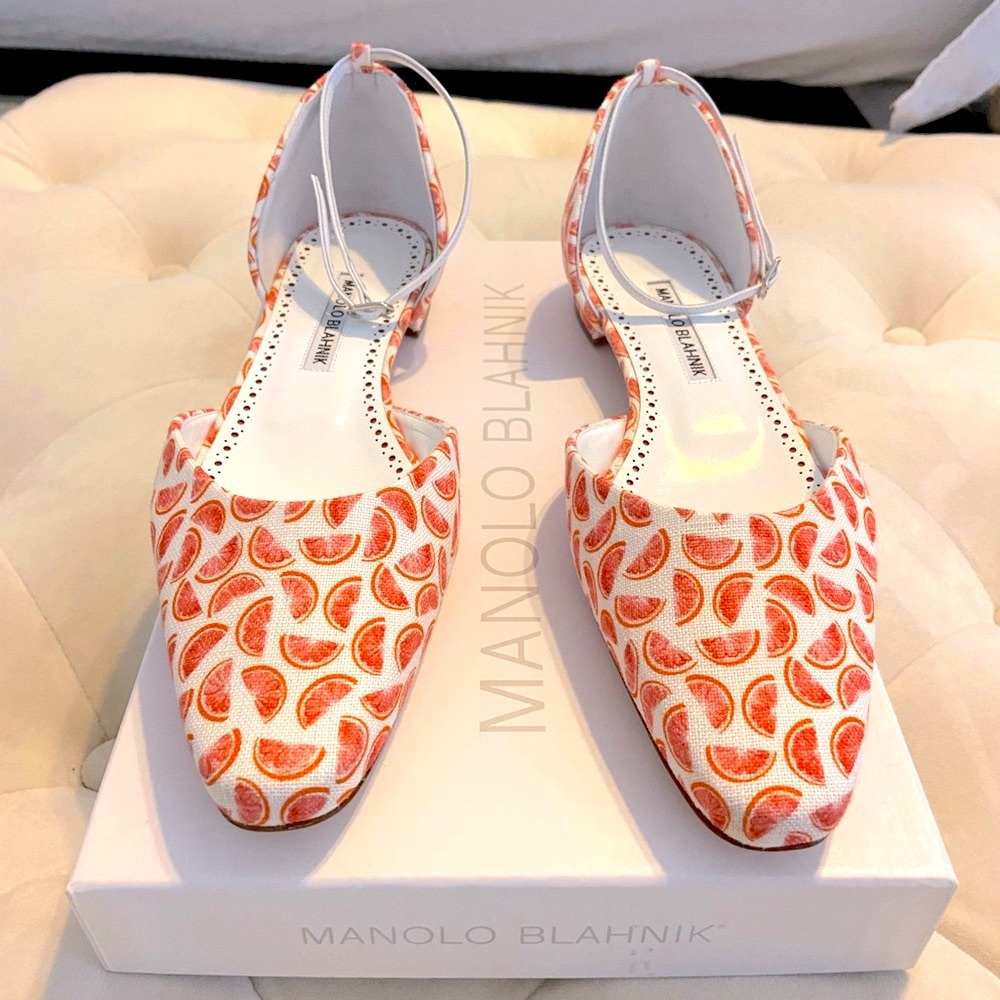 Manolo Blahnik printed ankle-strap ballerina flats